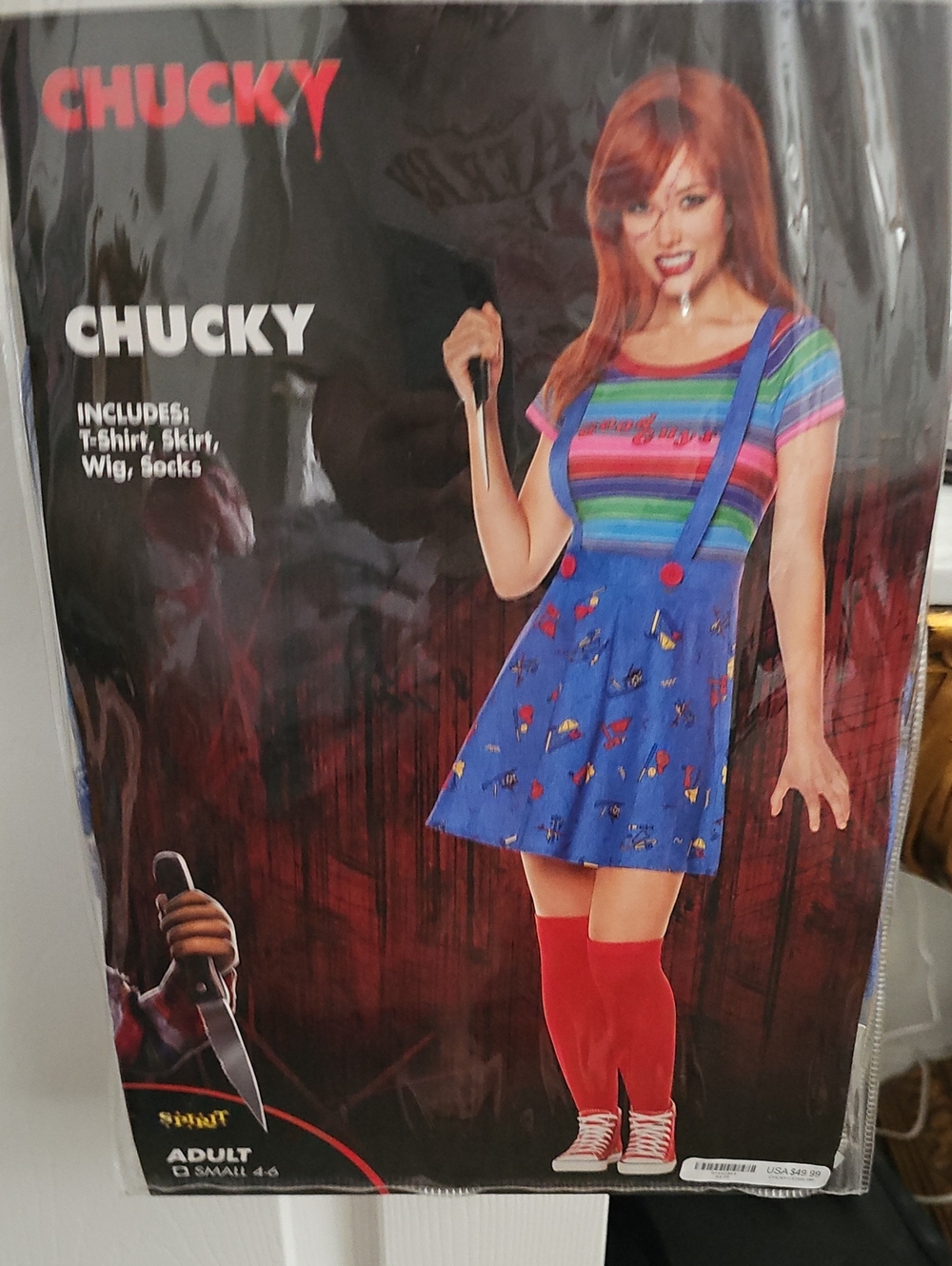 Chucky Costume Dress with Rainbow Tee and Blue Suspender Skirt